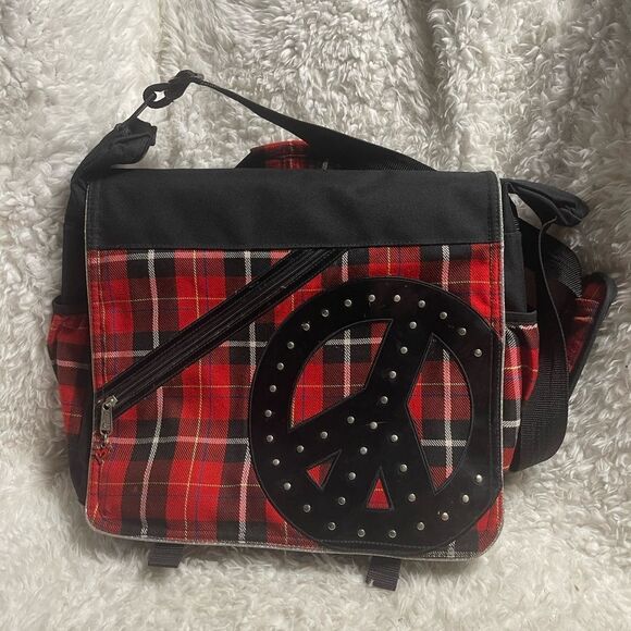 Justice Red Plaid Messenger Bag & Binder with Peace Sign studded accents. - Picture 1 of 10